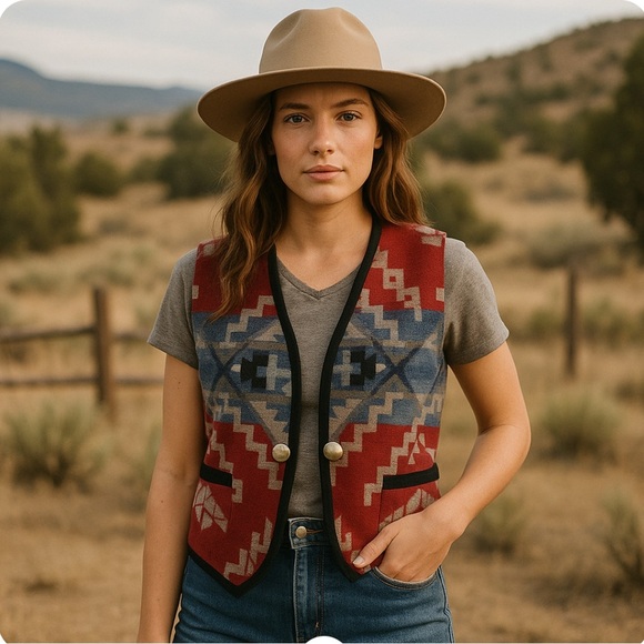 Pendleton Womens Southwestern Wool Vest Small Red/Blue Geometric Pattern USA Fab - Picture 1 of 16